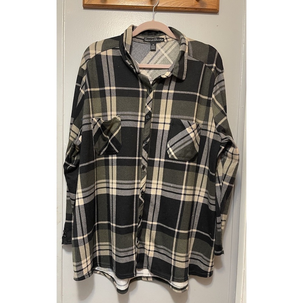 French Laundry Black/Tan Plaid With Lace Sleeves Size 3X Women's Poly/spandex